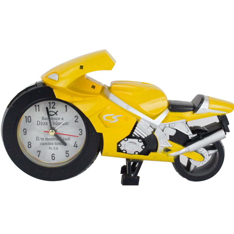 Reloj Forma De Moto Color: Amarillo Texto:Proverbios 3:6 Tamaño: 9&quot;