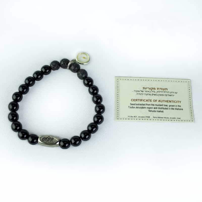 Pulsera Negra Con Semilla De Mostaza Y Piedra Volcanica
