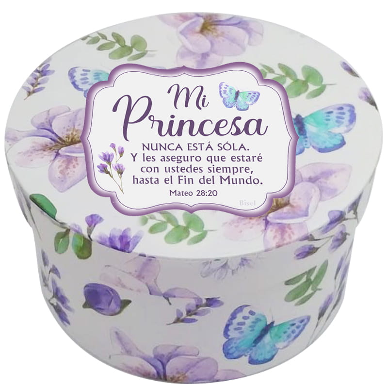 Caja Redonda Diseño: Flores Moradas Con Fondo De Color Blanco Texto: Mateo 28:20