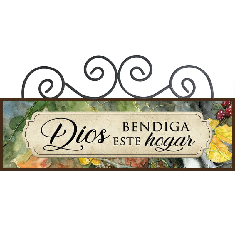 Plaqueta Con Forja Diseño: Hojas Amarillas  Texto Dios Bendiga Este Hogar