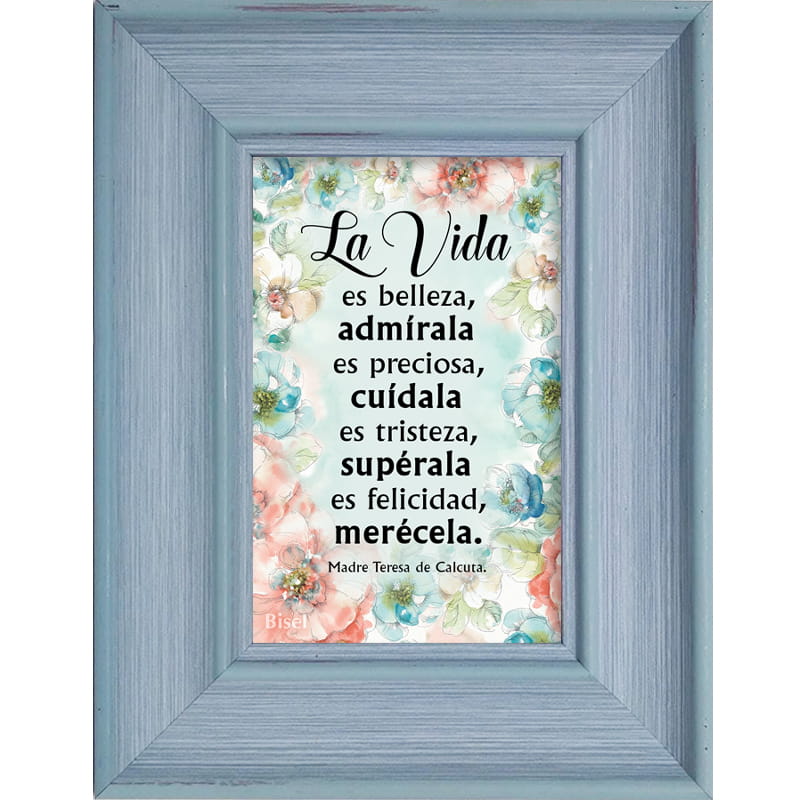 Cuadro Con Marco Color Celeste  Texto: La Vida Es Belleza.