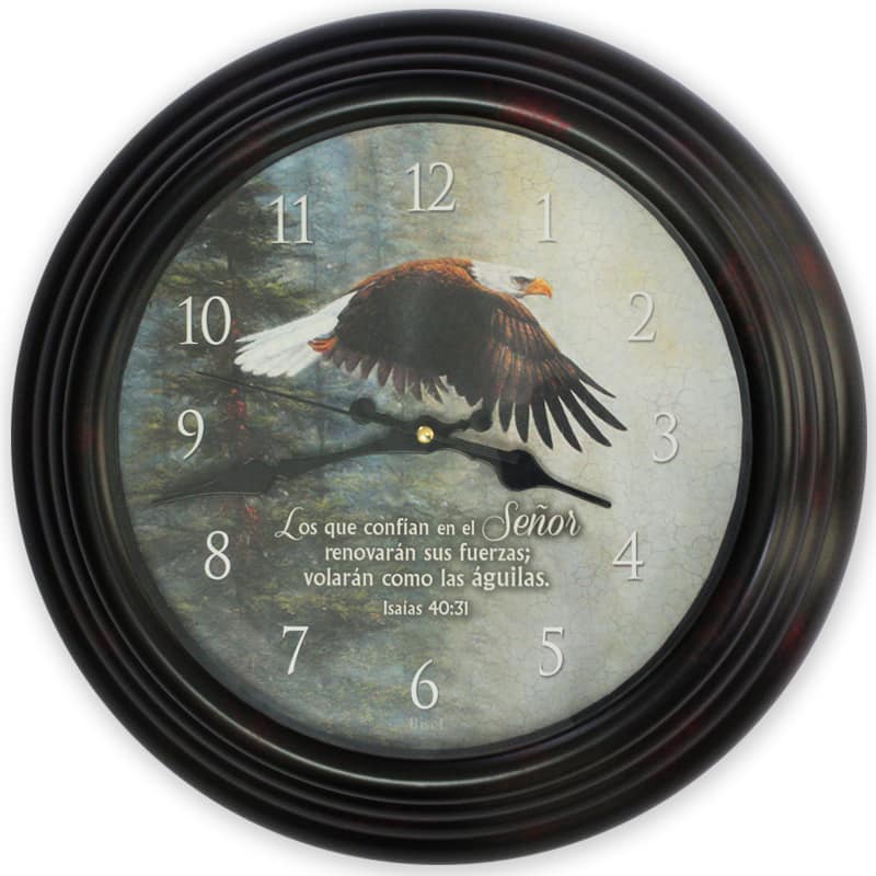 Reloj De Pared Redondo Color: Negro Diseño Aguila En Vuelo Texto: Isaías 40:31