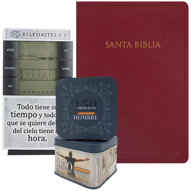 Combo Para Caballero Biblia + Caja De Promesas Y Reloj Para Escritorio