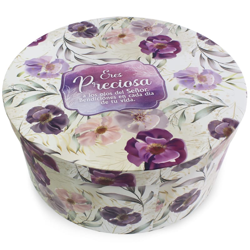 Caja Redonda Diseño De Flores Moradas Texto: Eres Preciosas