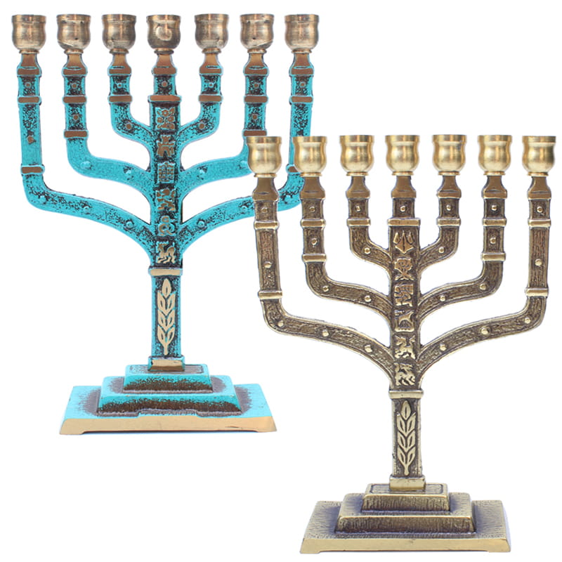 Menorá Grande Color Turquesa Y Dorado