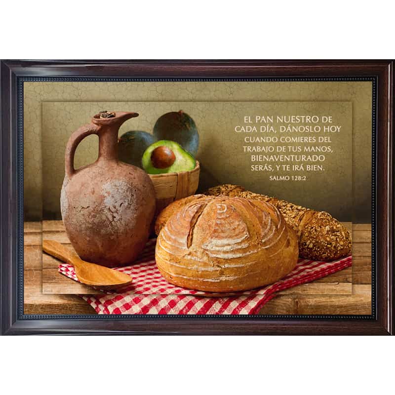 Cuadro Con Marco Café  Texto Salmo 128:2 Diseño Pan Con Aguacate