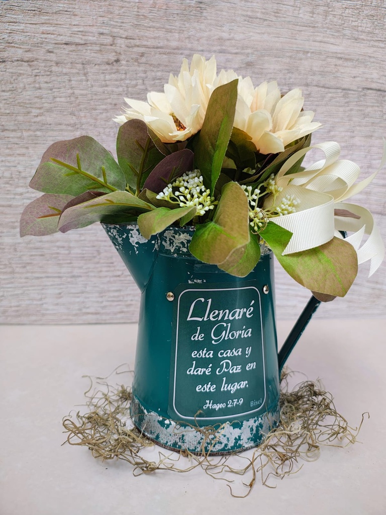 Jarilla De Metal Color Verde Con Flores  &quot;Llenaré De Gloria Esta Casa&quot; Hageo 2:7-9