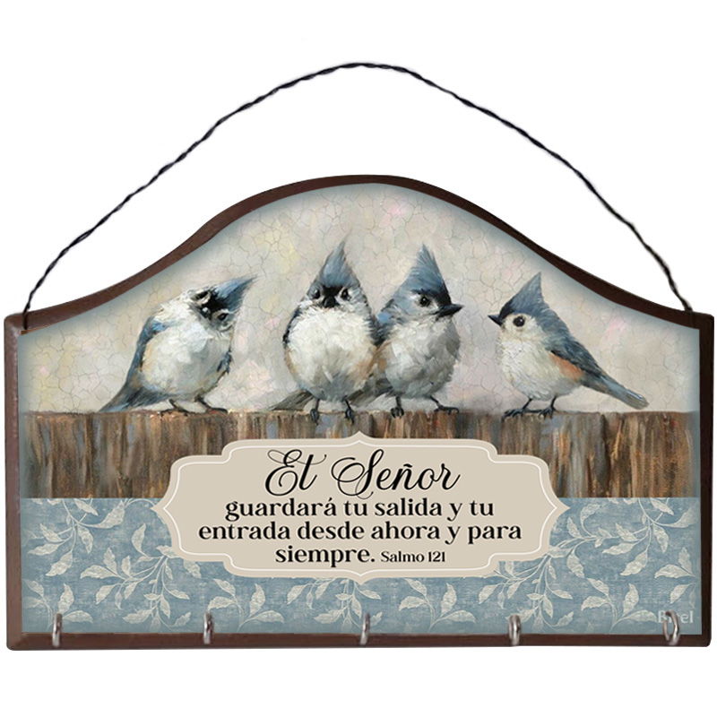 Porta Llaves Color Café Diseño: Pajaritos Azules Texto: Salmo 121 El Señor Guardará Tu Salida Y Tu Entrada