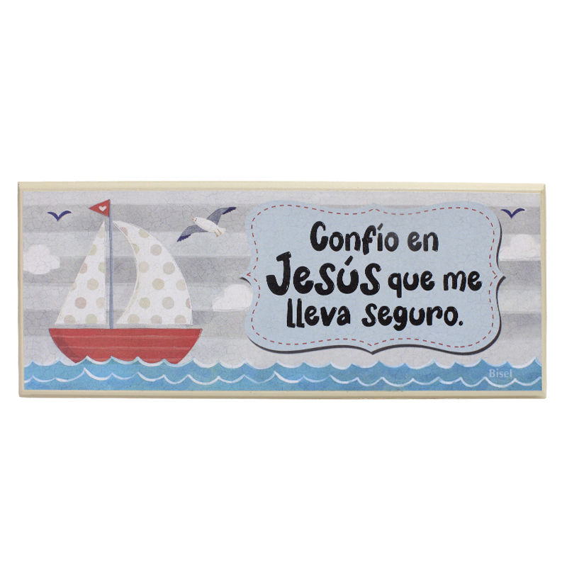 Plaqueta Colgante Barco Rojo  Confío En Jesús Que Me Lleva Seguro