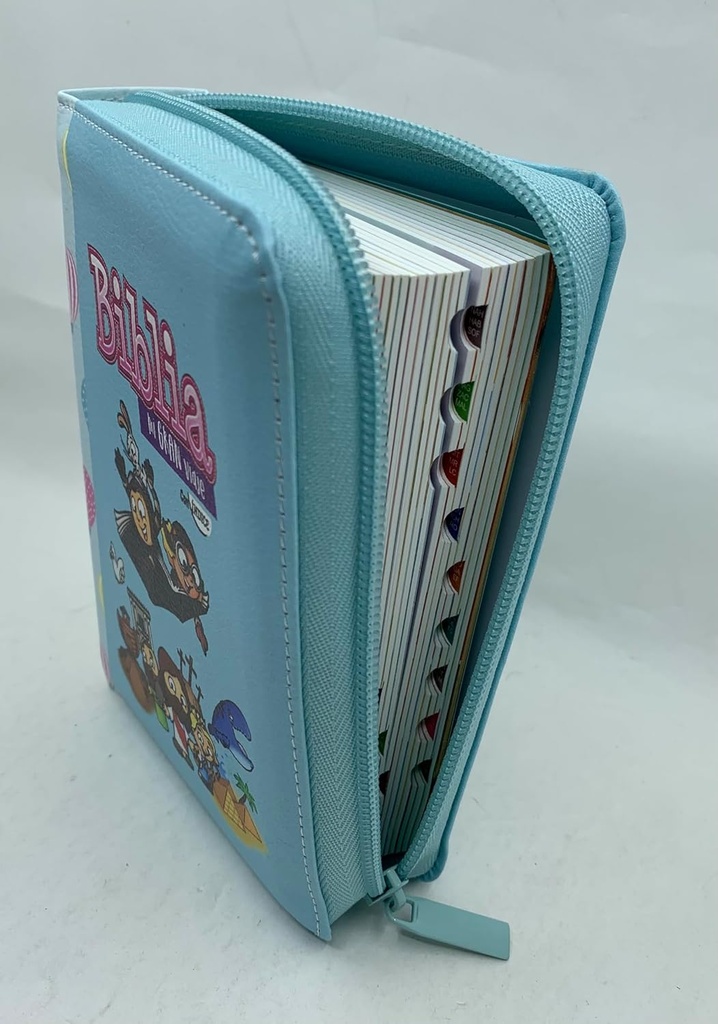 Biblia RVR1960 Para Niños Mi Gran Viaje Ilustrada Para Niños Tamaño Bolsillo Imitación Piel Celeste Con Cierre Índice