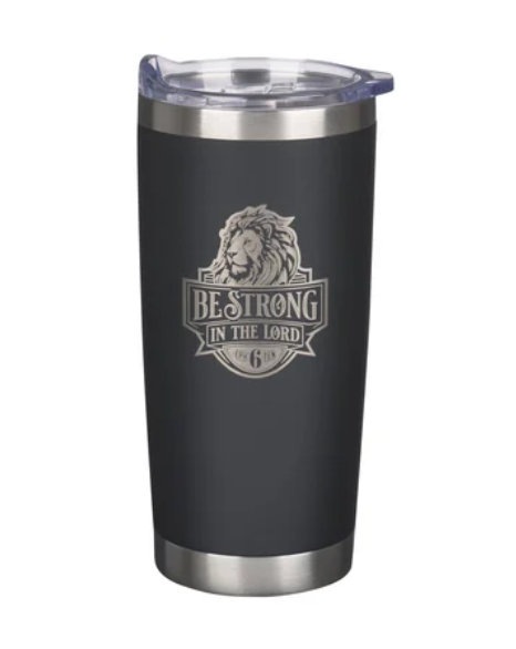 Taza de acero inoxidable negra "Sé fuerte en el Señor"  Efesios 6:10