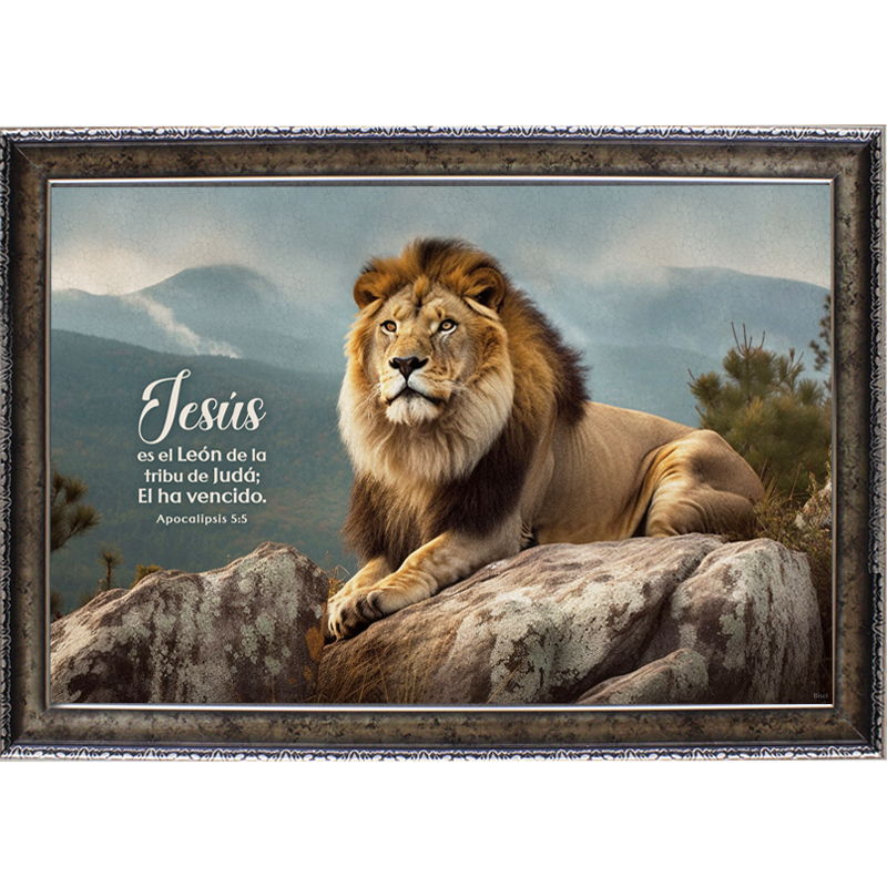 Cuadro Con Marco Dorado Diseño &quot;León En Roca&quot; Texto: Apocalipsis 5:5