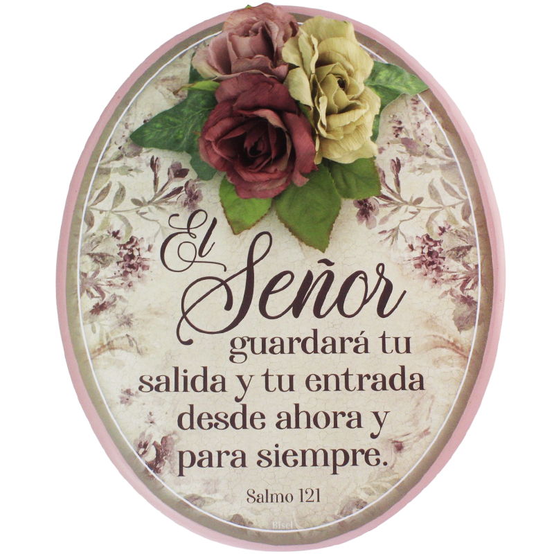 Plaqueta Ovalada Con Flor  Salmo 121 &quot;El Señor Guardará Tu Salida Y Tu Entrada&quot;