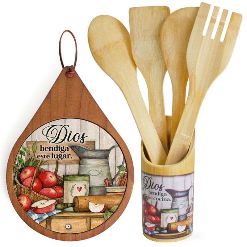 Combo Aislante De Madera + Set De Paletas Texto: Dios Bendiga Mi Cocina ( Canasta Con Manzanas )