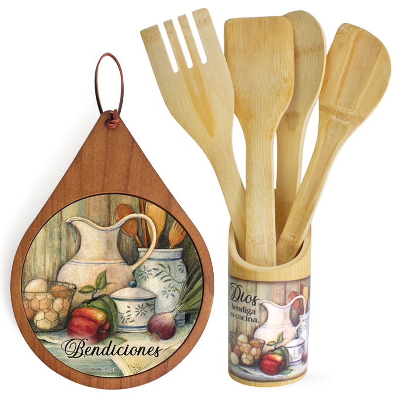 Combo Aislante De Madera + Set De Paletas Texto: Dios Bendiga Mi Cocina ( Verduras )