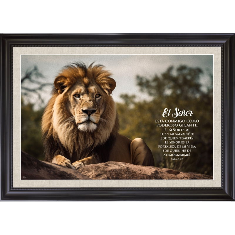 Cuadro Con Marco Color Negro Diseño "León" Texto: Salmo 27