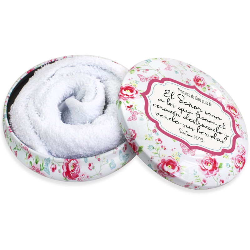 Caja De Metal Redonda Flores Rosadas Salmo 147:3