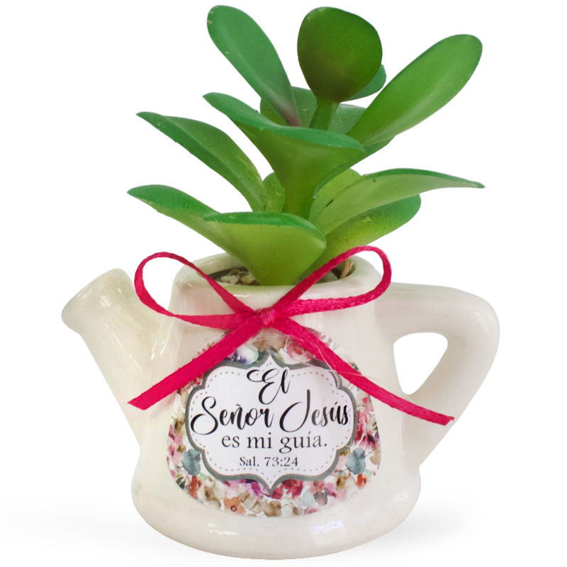 Maceta De Cerámica En Forma De Jarrilla Con Planta Suculenta Salmo 73:24 Jesús Es Mi Guía.