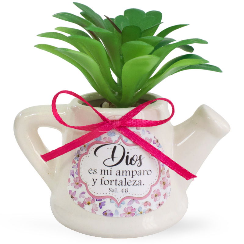 Maceta De Cerámica En Forma De Jarrilla Con Planta Suculenta Salmo 46 Dios Es Mi Amparo Y Fortaleza