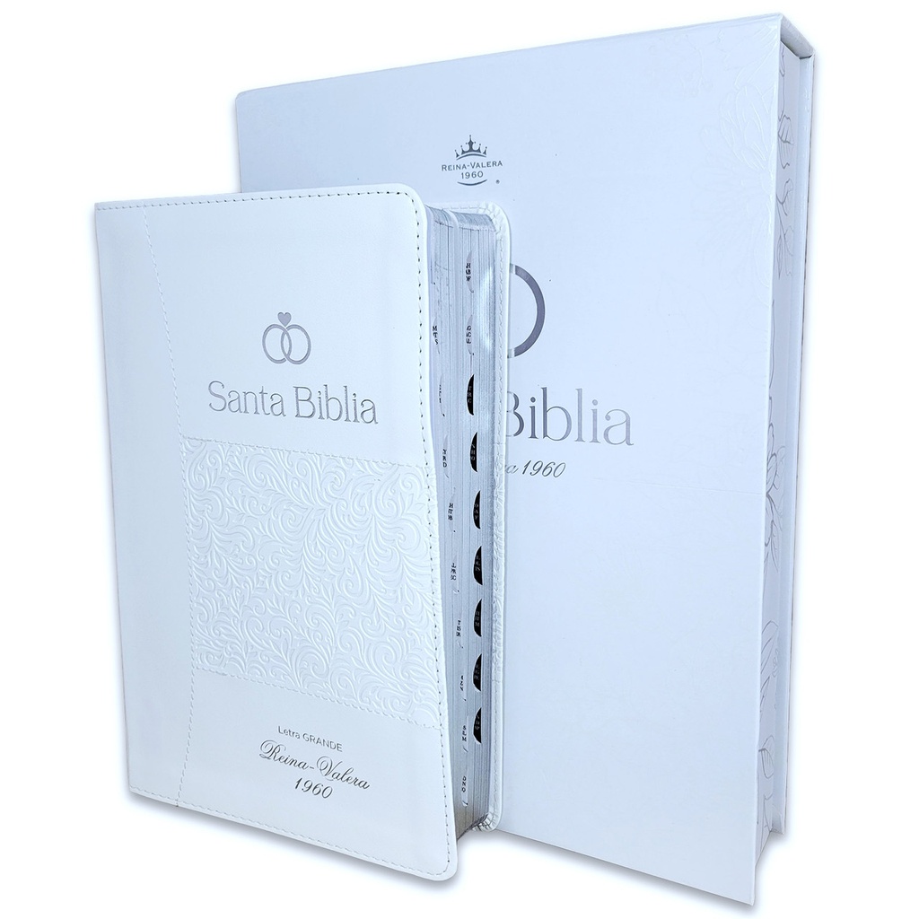 Biblia RVR 1960 Especial De Bodas Blanco Canto Plateado Con Índice Y Caja De Lujo