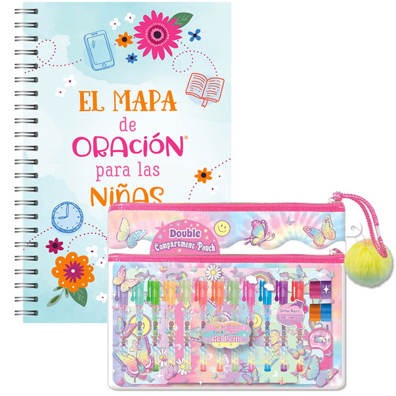 Libreta + Kit de Bolígrafos Gel Con Glitter Colores Neón Diseño de Flores