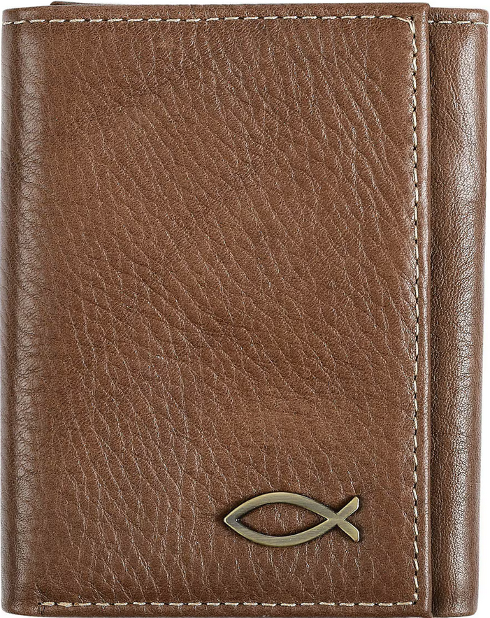 Billetera Triple De Piel Auténtica Color Marrón Dije De Pez