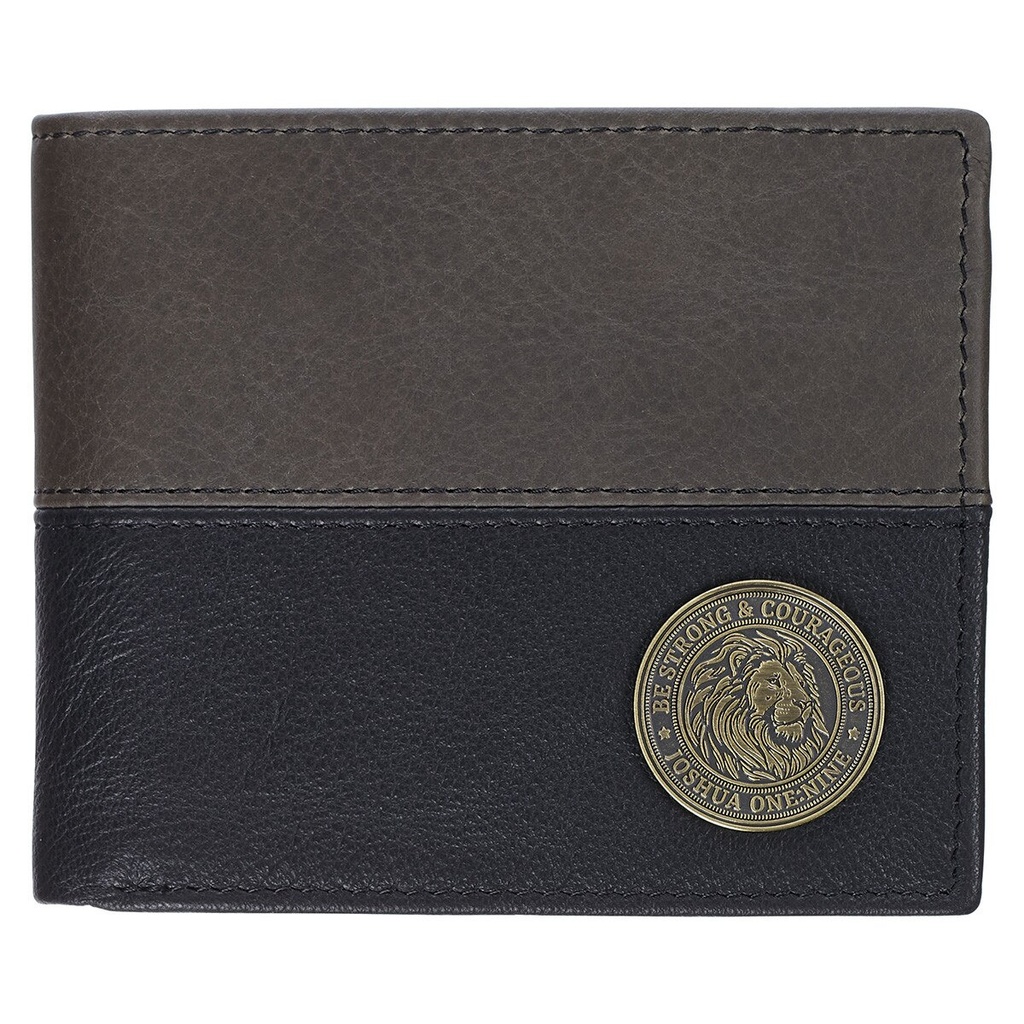Billetera De Cuero Color Negro Y Gris  Con Insignia De Metal Texto Josué 1:9