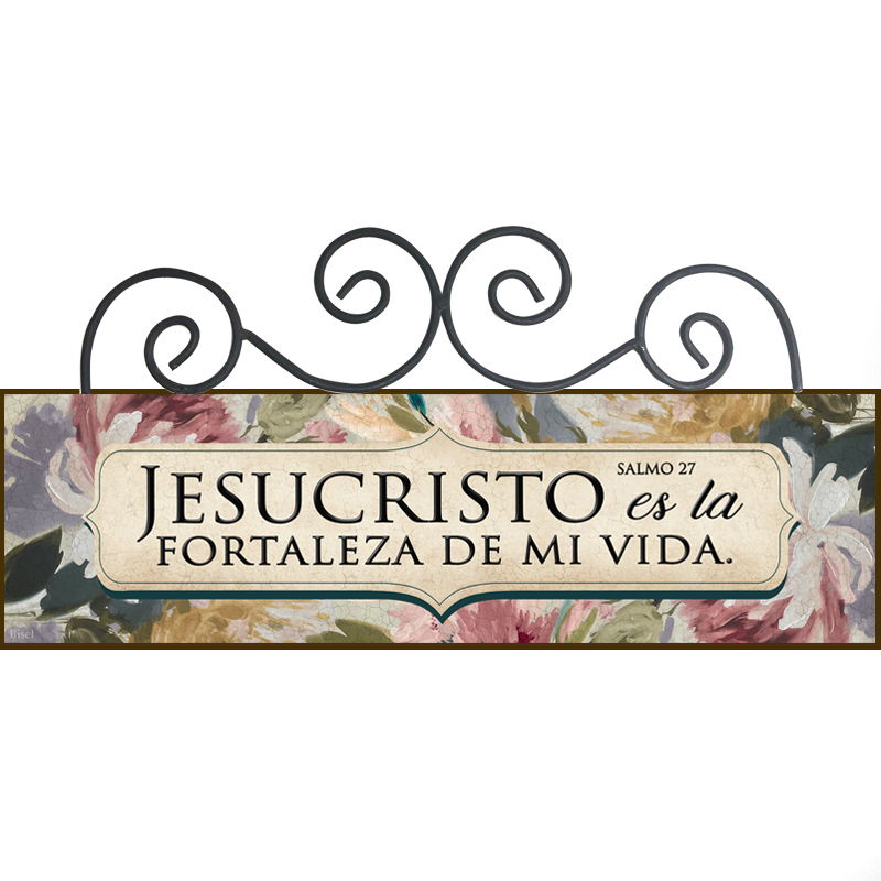 Plaqueta Con Forja Texto: Salmo 27 Flores Rosadas