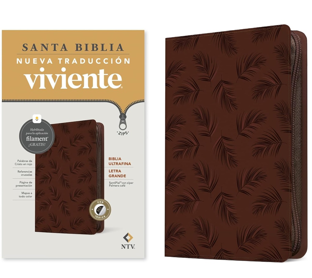 Biblia Ultrafina NTV, Letra Grande De Zíper Con Filament Palmera Café Con  Índice