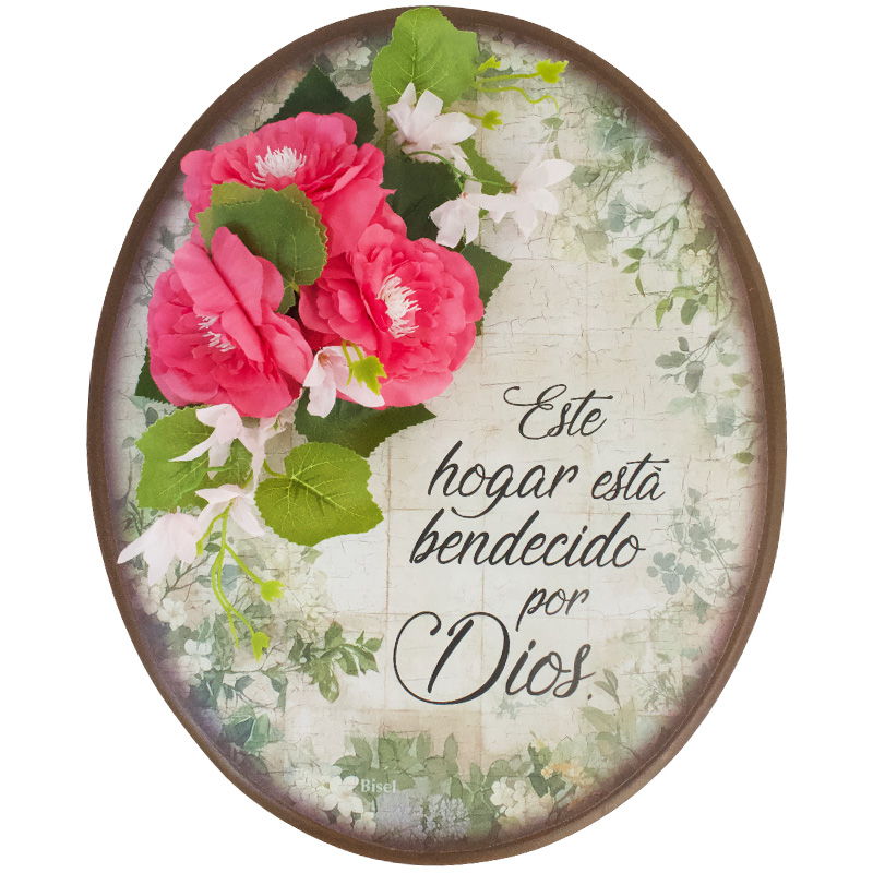 Plaqueta Ovalada Con Flor Texto: Este Hogar Esta Bendecido Por Dios