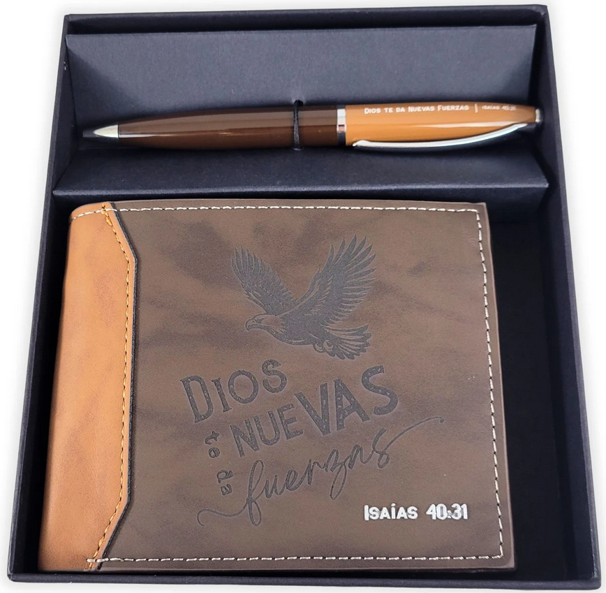 Set De Billetera Y Bolígrafo "El Señor Te Da Nuevas Fuerzas"  Isaías 40:31