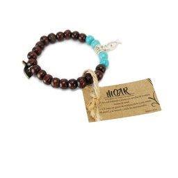 [CONMOAR-1002] Pulsera Madera Café y Turquesa Con Semilla De Mostaza