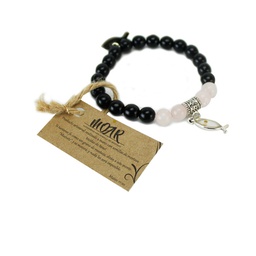 [CONMOAR-1003] Pulsera Perlas Negras Y Rosada/Gris Con Semilla De Mostaza