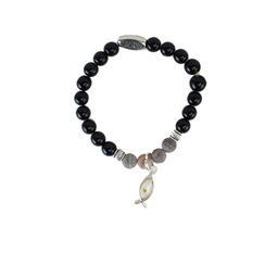 [CONMOAR-1038] Pulsera Perlas Negras Y Gris Con Semilla De Mostaza