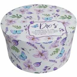 [CAJA-BS021F2] Caja Redonda  Diseño: Flores Moradas Con Fondo De Color Blanco  Texto:  Isaías 58:1