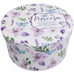 [CAJA-BS021F3] Caja Redonda  Diseño: Flores Moradas Con Fondo De Color Blanco  Texto: Mateo 28:20