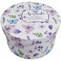 [CAJA-BS021F4] Caja Redonda Diseño: Flores Moradas Con Fondo De Color Blanco Texto: Salmo 20:4