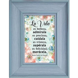 [CART-1033F] Cuadro Con Marco Color Celeste  Texto: La Vida Es Belleza.