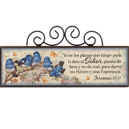 [DECOR-1185E] Plaqueta De Pájaros Azules Con Forja, Texto: Jeremías 29:11