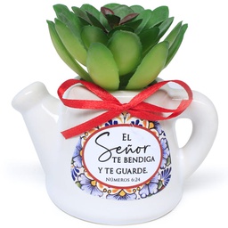 [CERTI-BS21008C] Maceta De Cerámica En Forma De Jarrilla Con Planta Suculenta  Texto: Números 6:24