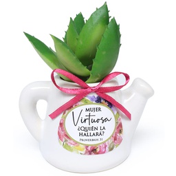 [CERTI-BS21008E] Maceta De Cerámica En Forma De Jarrilla Con Planta Suculenta  Texto: Proverbios 31