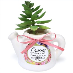 [CERTI-BS21008F] Maceta De Cerámica En Forma De Jarrilla Con Planta Suculenta  Texto: Gracias De Todo Corazón Por Bendecir Mi Vida.