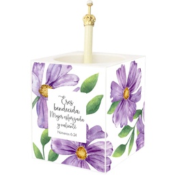 [DESK-BS151N4] Portalápices Color Blanco Texto: Números 6:24 Diseño: Flores Moradas.