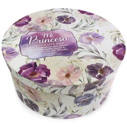 [CAJA-BS23003C] Caja Redonda Diseño De Flores Moradas Texto: Mateo 28:20 Mi Princesa