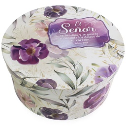 [CAJA-BS23003F] Caja Redonda Diseño De Flores Moradas Texto: Salmo 20:4