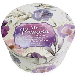 [CAJA-BS23003H] Caja Redonda Diseño De Flores Color Moradas Texto: Mateo 28:20 Mi Princesa Nunca Está Sola