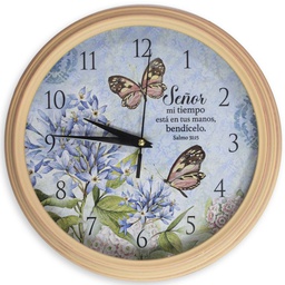 [WATCH-BS057K] Reloj De Pared Redondo Rosado, Salmo 31:15 Diseño de Mariposas.