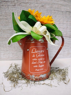 Jarilla De Metal Color Anaranjado Con Flores "El Señor Te Bendiga Y Te Guarde"