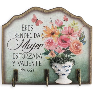Porta Llaves De Madera  "Eres Bendecida Mujer Esforzada y Valiente"