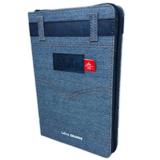 Biblia RVR1960 Letra Grande Diseño Jeans Con Cinturón Azul Con Zíper e Índice